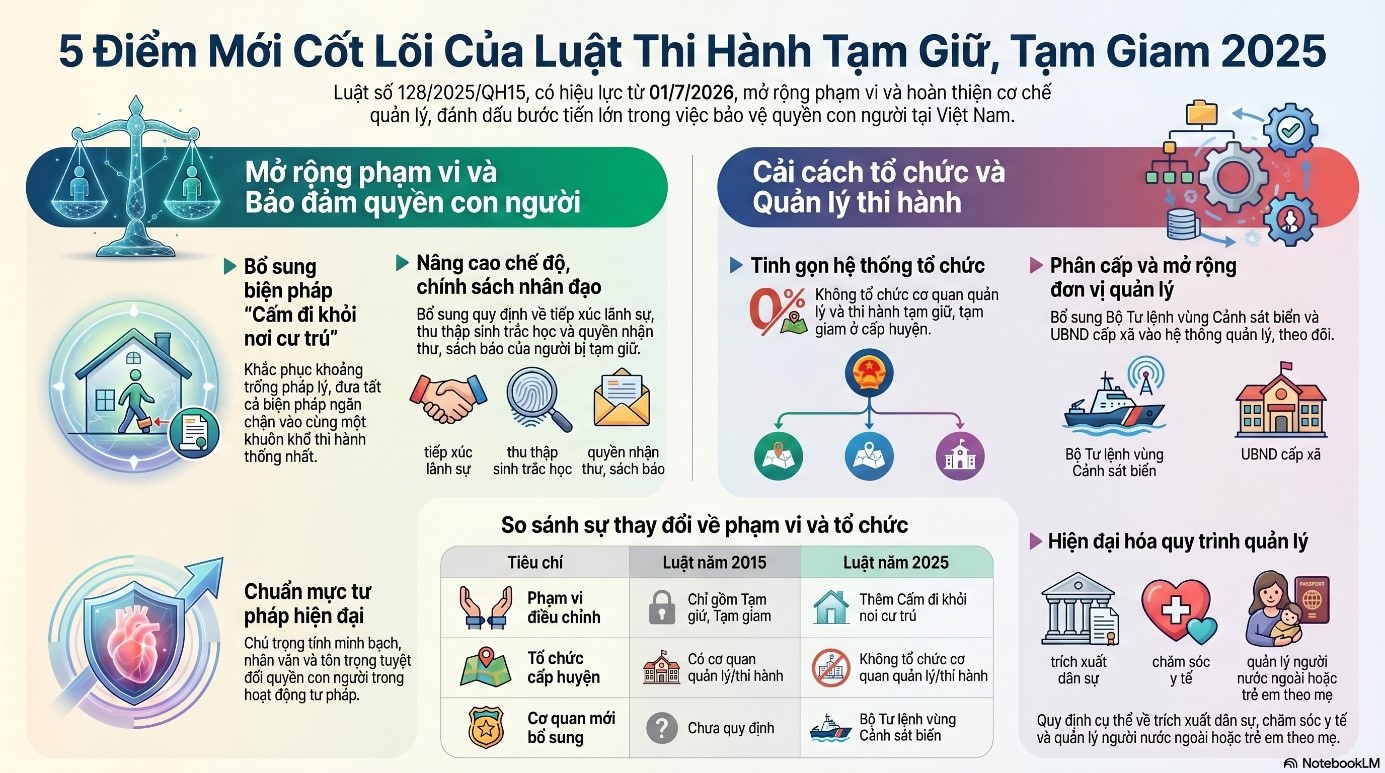 Một số điểm mới của Luật Thi hành tạm giữ, tạm giam và cấm đi khỏi nơi cư trú năm 2025